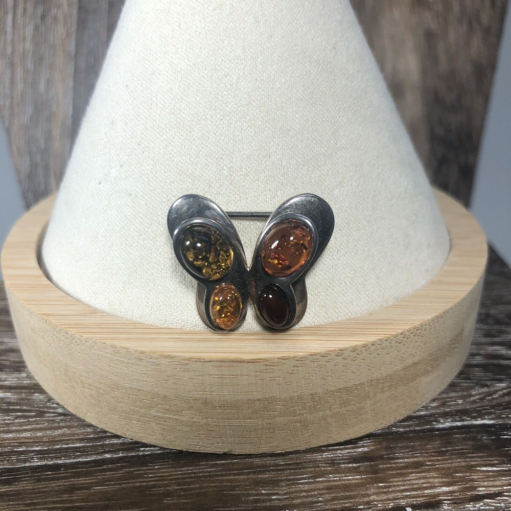 Vintage Sterling Silver Baltic Amber Resin Butterfly Brooch Pin Signed Poland VB